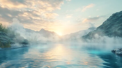 Naklejka premium Ethereal Hot Spring Dreamscape with Cloud-like Waters Merging Horizon
