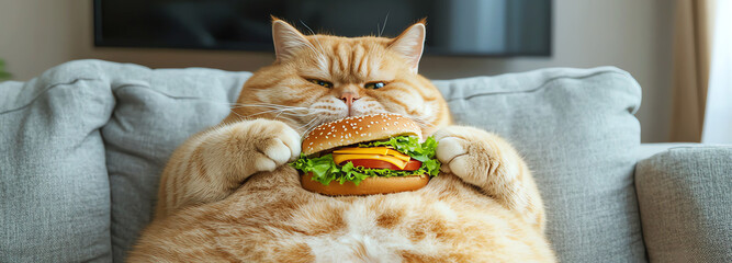 fat cat with fast food burger on sofa, AI generated