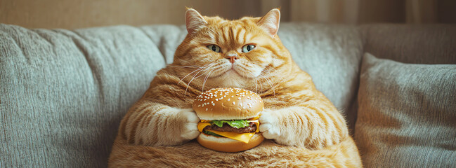 fat cat with fast food burger on sofa, AI generated