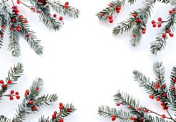 Christmas Fir Branches Frame with Red Berries