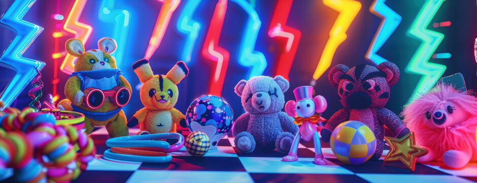 Retro 90s Toy Banner with Beanie Babies, Furby, and Neon Lightning Bolts for Print and Poster Design
