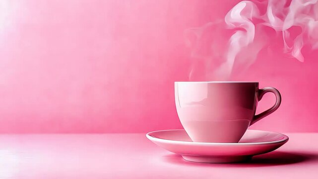  Steaming pink coffee cup with saucer on vibrant pastel background, evoking warmth, comfort, and relaxation in a minimalistic setting.