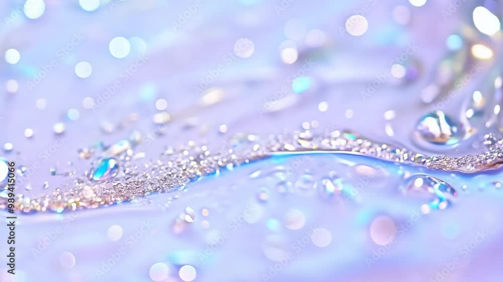 Poster dynamic drops of holographic glitter in pastel violet oil or ink diffusing through water, creating a