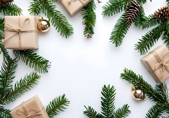 Christmas Fir Branches Frame with Gifts and Baubles