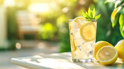 Glass of refreshing lemonade with lemon slices and ice cubes on a white table in a sunny garden.