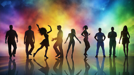 Silhouettes of people dancing against a vibrant, colorful abstract background