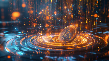 Bitcoin Icon Emerging from Digital Vortex of Light 