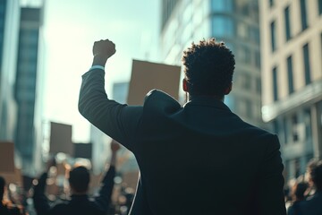 A Man Raises His Fist in Solidarity During a Protest in a Bustling City Against Social Injustice on a Sunny Afternoon