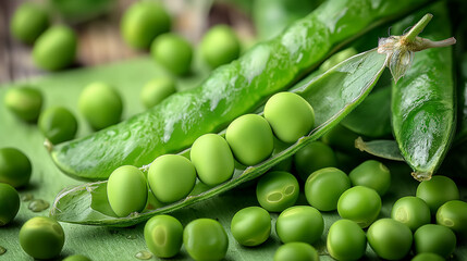 A cluster of fresh green peas in their pod, with one pod open to show the plump peas inside, on a soft green background