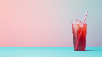 A refreshing Iced Tea drink in a tall glass, ice-filled, with a vibrant straw against a pastel backdrop. Perfect for summer vibes.