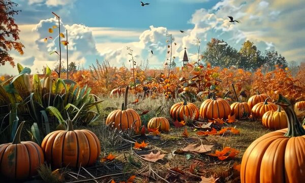A field of pumpkins with a fence in the background 4K Video