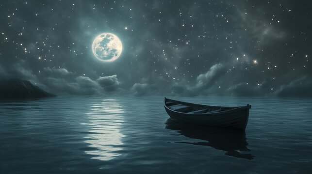 A small boat drifts on a dark ocean beneath a sky filled with close planets and stars, creating a sense of isolation, astraphobia, and awe in the vast, mysterious surroundings.