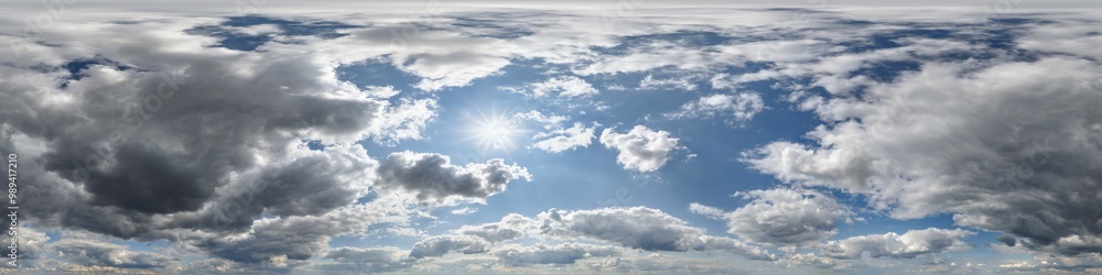 Wall mural sky hdri 360 panorama with dark clouds before storm in seamless equirectangular projection for use i