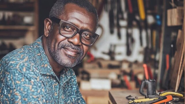 Mature black man smiling warmly in a workshop filled with tools during the day, showcasing a passion for craftsmanship and woodwork