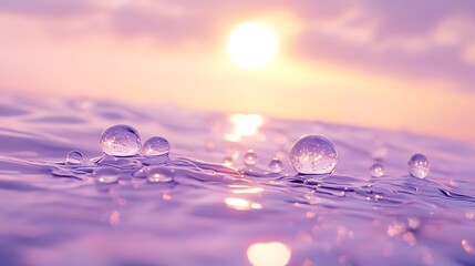 Ethereal Sunrise: Crystal Clear Water Droplets in Mid-Air with Serene Zen Energy