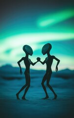 Alien couple dancing under auroras, night, mid-shot, vibrant colors reflecting on their sleek forms, snowy alien landscape, joyous and magical scene