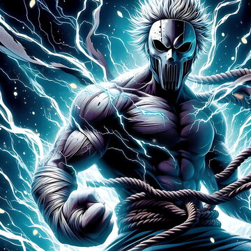 Epic Anime MC in a Ghost Mask with Lightning and Flame Effects &ndash; Perfect for T-Shirts, Posters, Music Covers, YouTube Thumbnails, Print-on-Demand, Wallpaper , and Artistic Backgrounds