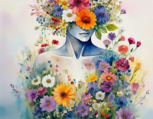 Pintura em aquarela de mulher com flores.