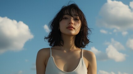 Naklejka premium 春の静けさ：広大な青空の下で静けさを満喫する女性