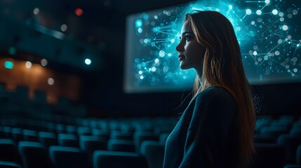 Profile of a young Caucasian woman in a tech-themed empty auditorium.