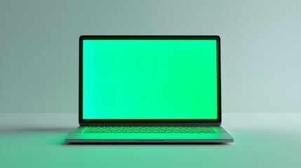 A sleek laptop with a bright green screen on a minimalistic surface.