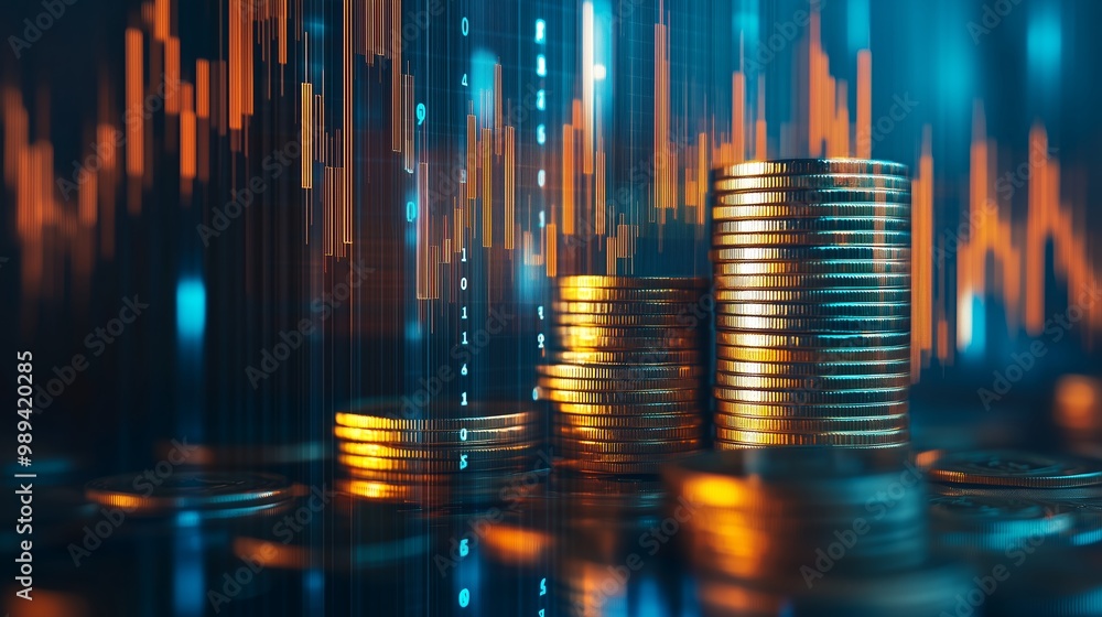 Poster visual representation of financial growth with stacked coins and data analysis graphics at a financi