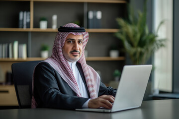 Senior arab businessman or employee in traditional outfit working at the table in office