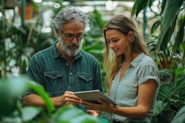 A man and a woman are looking at a tablet in a greenhouse