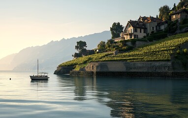 Fototapeta premium A small sailboat floats peacefully on the calm waters of a lake, with a picturesque house and vineyard on a hillside in the background.