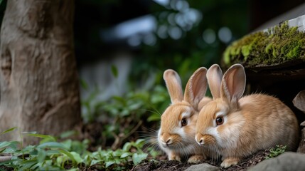 Fototapeta premium 日本の春：ポスターやカード用の伝統的な庭園を背景にしたふわふわのウサギ