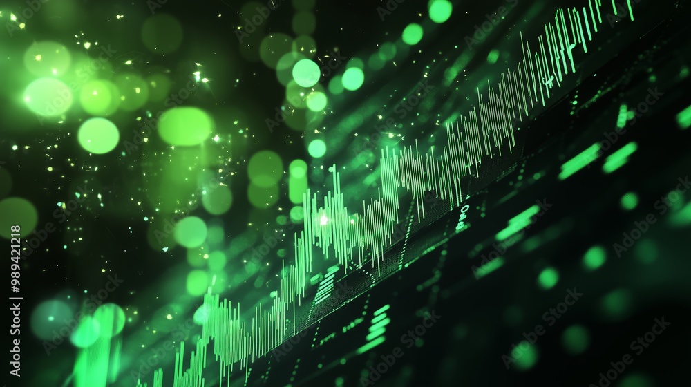 Poster abstract green sound wave pattern with shimmering lights showcasing data visualization on a dark bac