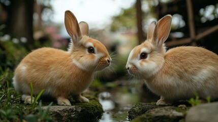 Fototapeta premium 伝統的な日本庭園のふわふわのウサギ - プリントやポスター用の春の静けさ