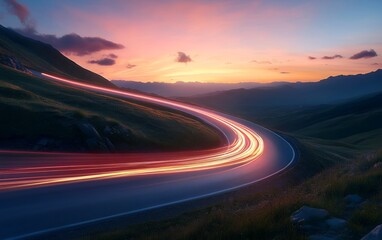 A winding mountain road with streaks of red and yellow car headlights at sunset.