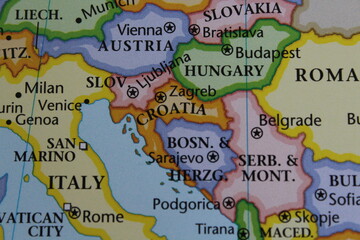 close up of the country of Croatia viewed on a wold map as a travel concept. Croatia on a map
