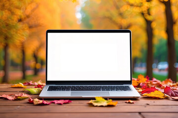 Laptop with a white screen mock up on autumn yellow leaves in a park with trees background on table. Seasonal remote work, internet, shopping. 