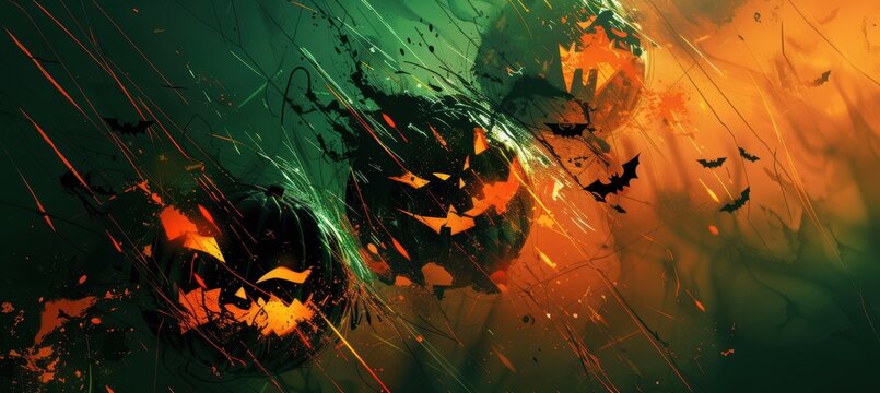 Chaotic Halloween Abstract Design with Neon Green and Orange Jagged Lines, Glowing Jack-o'-Lanterns, and Bats