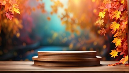 Empty round Podium for demonstration and montage of product with yellow orange autumn decor made of fallen leaves and bright trees. Autumn mood, harvest, school, Halloween. Copy space.