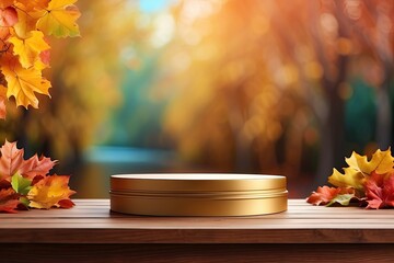 Empty round Podium for demonstration and montage of product with yellow orange autumn decor made of fallen leaves and bright trees. Autumn mood, harvest, school, Halloween. Copy space. 