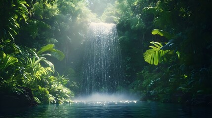 Fototapeta premium Scenic pictures of a misty rainforest with beautiful flowing waterfalls