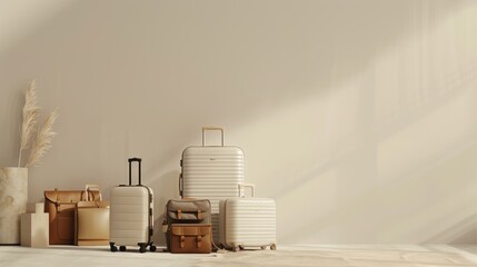 Minimalist Cyber Monday Banner Featuring High-End Travel Gear in Neutral Tones for Holiday Marketing
