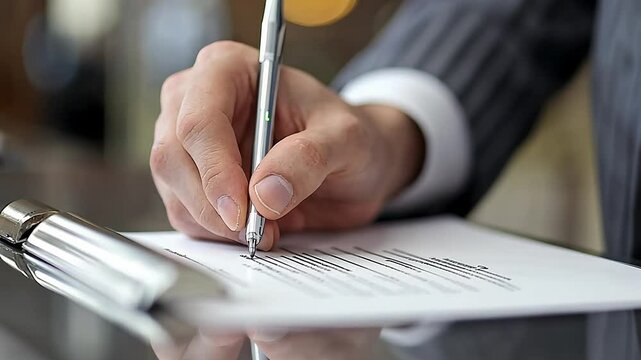 A professional is carefully signing a document at a sleek office desk during the afternoon. The setting conveys a sense of formality and importance.