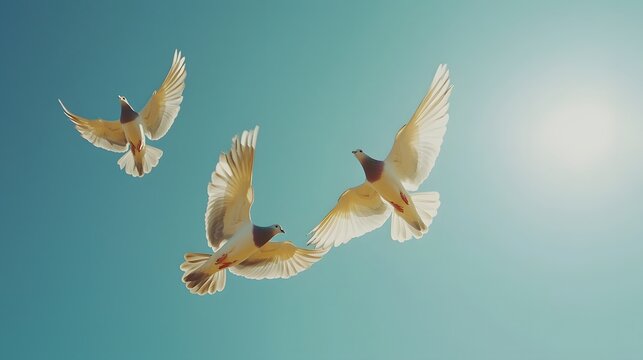Three graceful birds soaring in a bright blue sky under the sun.