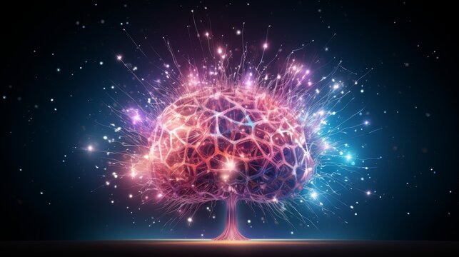 Explosive concept art depicting a human brain overflowing with knowledge and creativity