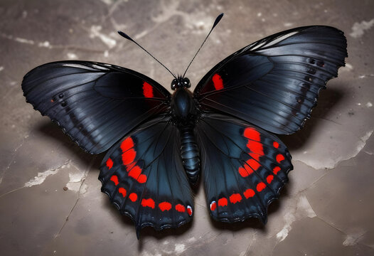 Detailed shot of a striking black butterfly with vibrant red spots on its wings, displaying intricate patterns
