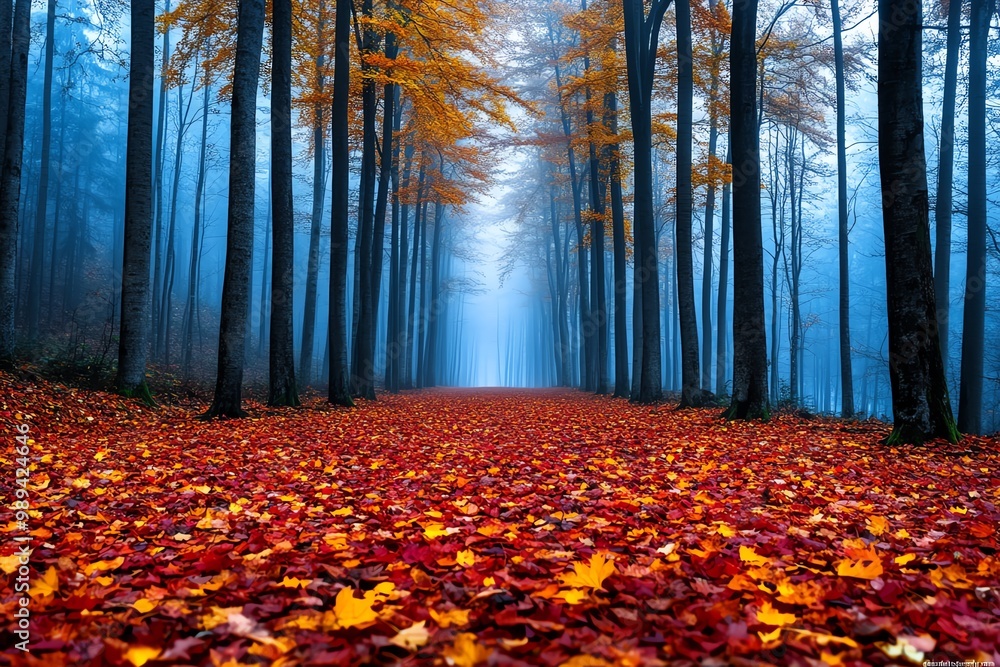 Poster a misty autumn forest, with golden and red leaves carpeting the forest floor and soft light filterin