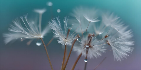 Macro shot of delicate dandelion seeds adorned with water droplets, against a soft, blurred background
