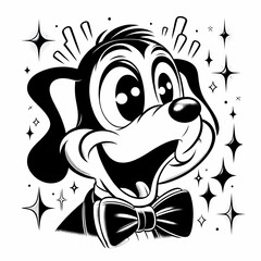 Obraz premium Cartoon Dog with Bow Tie and Sparkles Coloring Page, Black and White Line Art Illustration, Funny Children Art, Cozy Activity, Printable Sheet