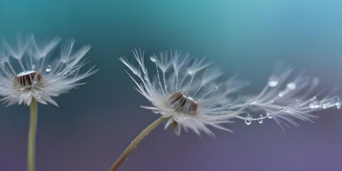 Macro shot of delicate dandelion seeds adorned with water droplets, against a soft, blurred background
