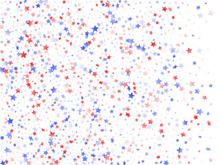 American Independence Day stars background. Holiday confetti in USA flag colors for Patriot Day.  Trendy red blue white stars on white American patriotic vector. 4th of July stardust scatter.