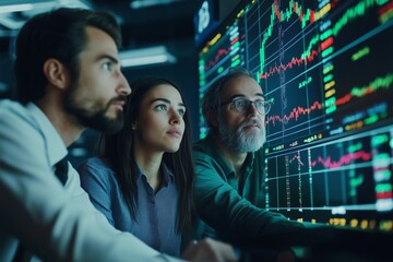Three professionals analyzing financial data on multiple screens during a late night in a modern trading office